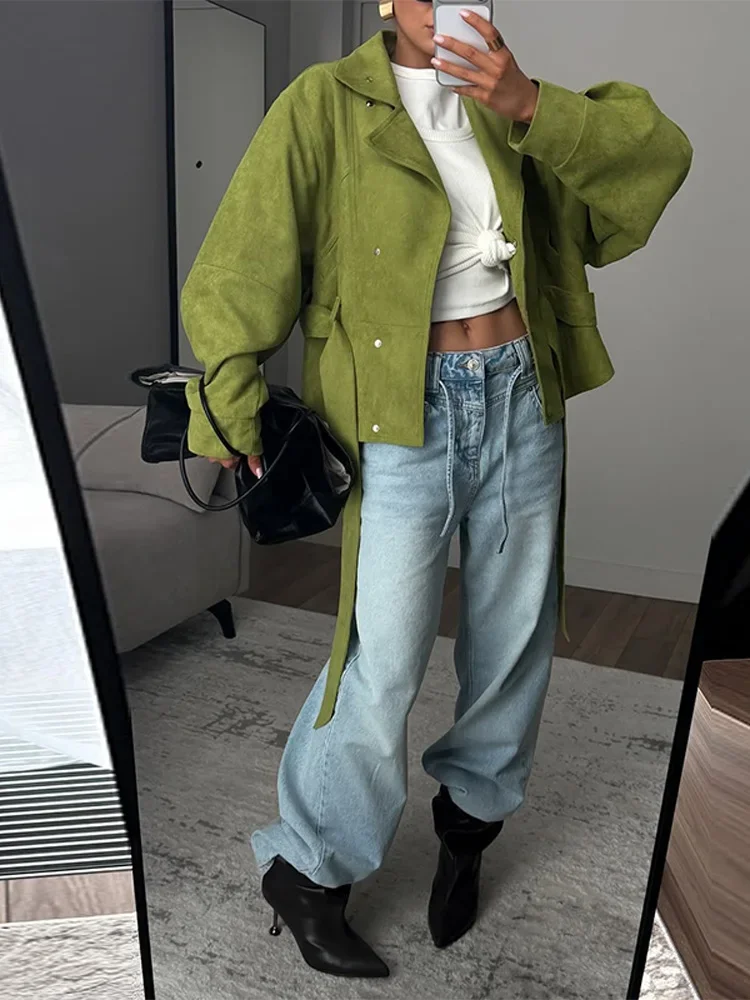 Damenmäntel mit Stehkragen, Schnürung an der Taille, kurze Windjacke, Frühlingsjacke für Damen, langärmlig, schmal geschnitten, modische neue Oberbekleidung – Detail 19