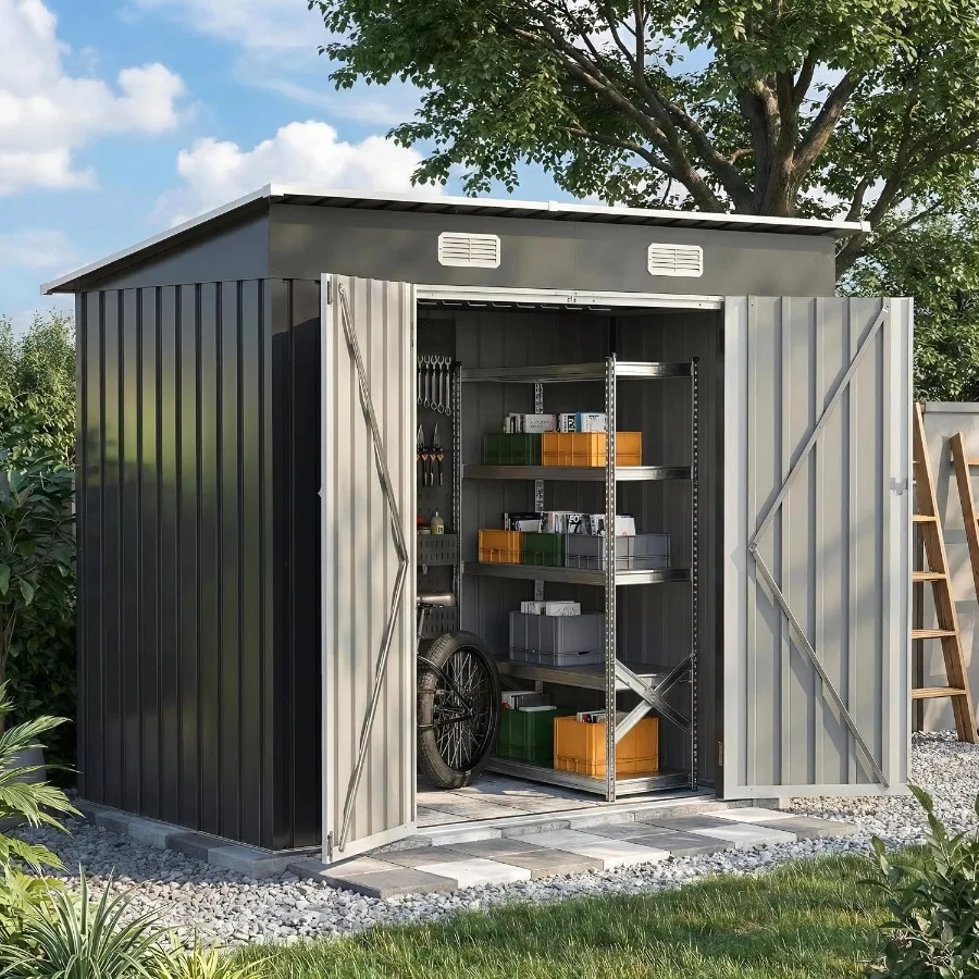 Sheds Outdoor Storage: 8X4 FT Galvanized Steel Shed with Sloping Roof, Gray Finish, Rust-Resistant and Lockable Door