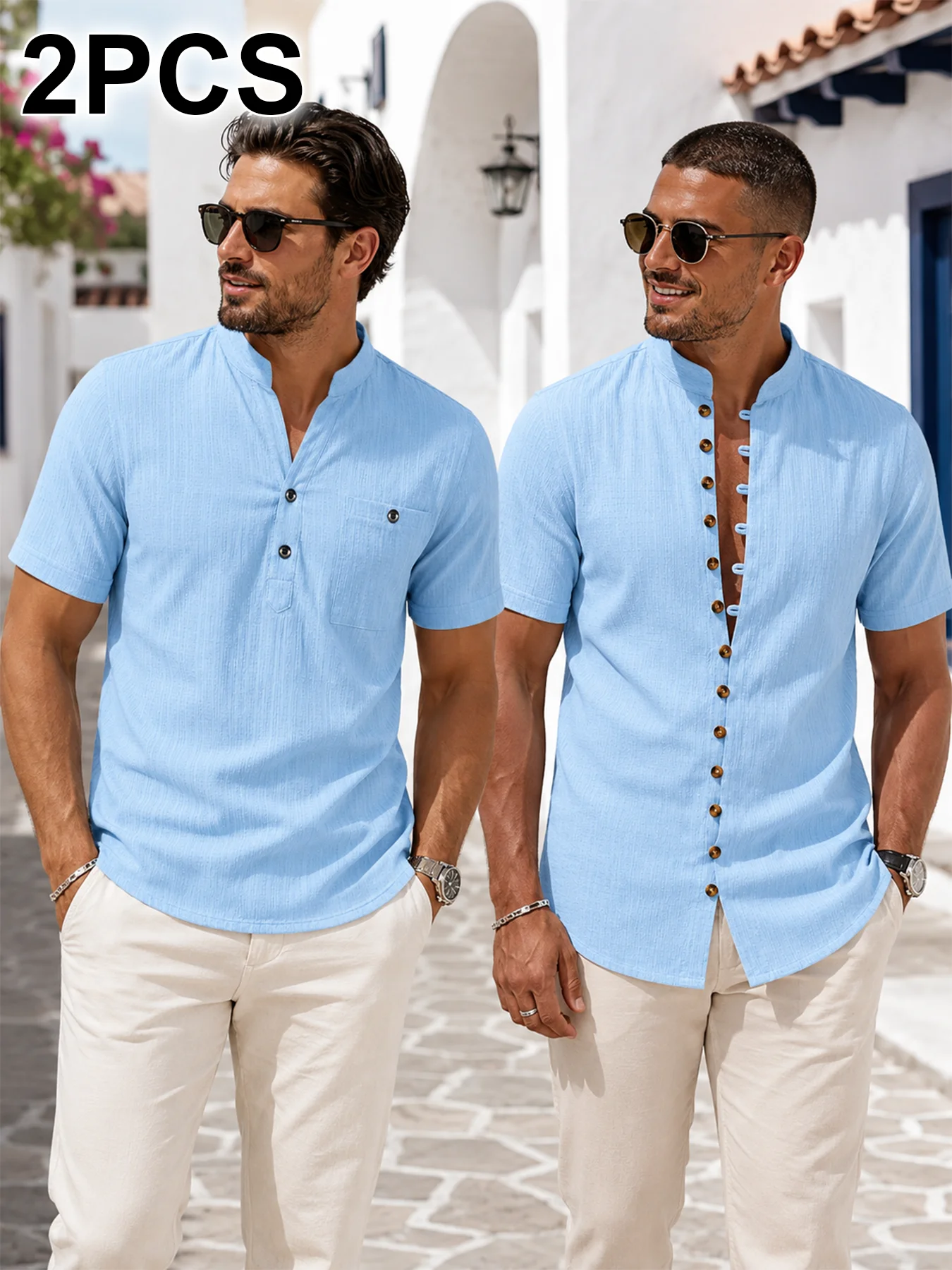 2 Stück Herren-Hemden mit unterschiedlichem Stil und Stehkragen, kurzärmelig, mit Knopfleiste und Schlaufenverschluss, Sommer-Strandoberteile