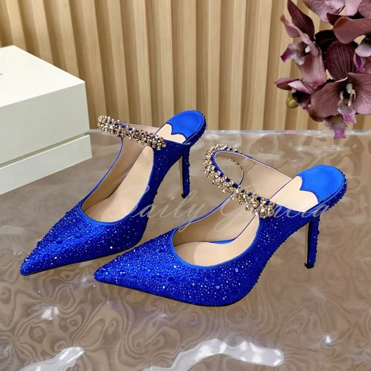 

Luxurious Full Diamond High Heel Mules Sexy Pointy Toe Crystal Strap Stiletto Heel Slip On Slippers Ladies Rhinestone Shoes
