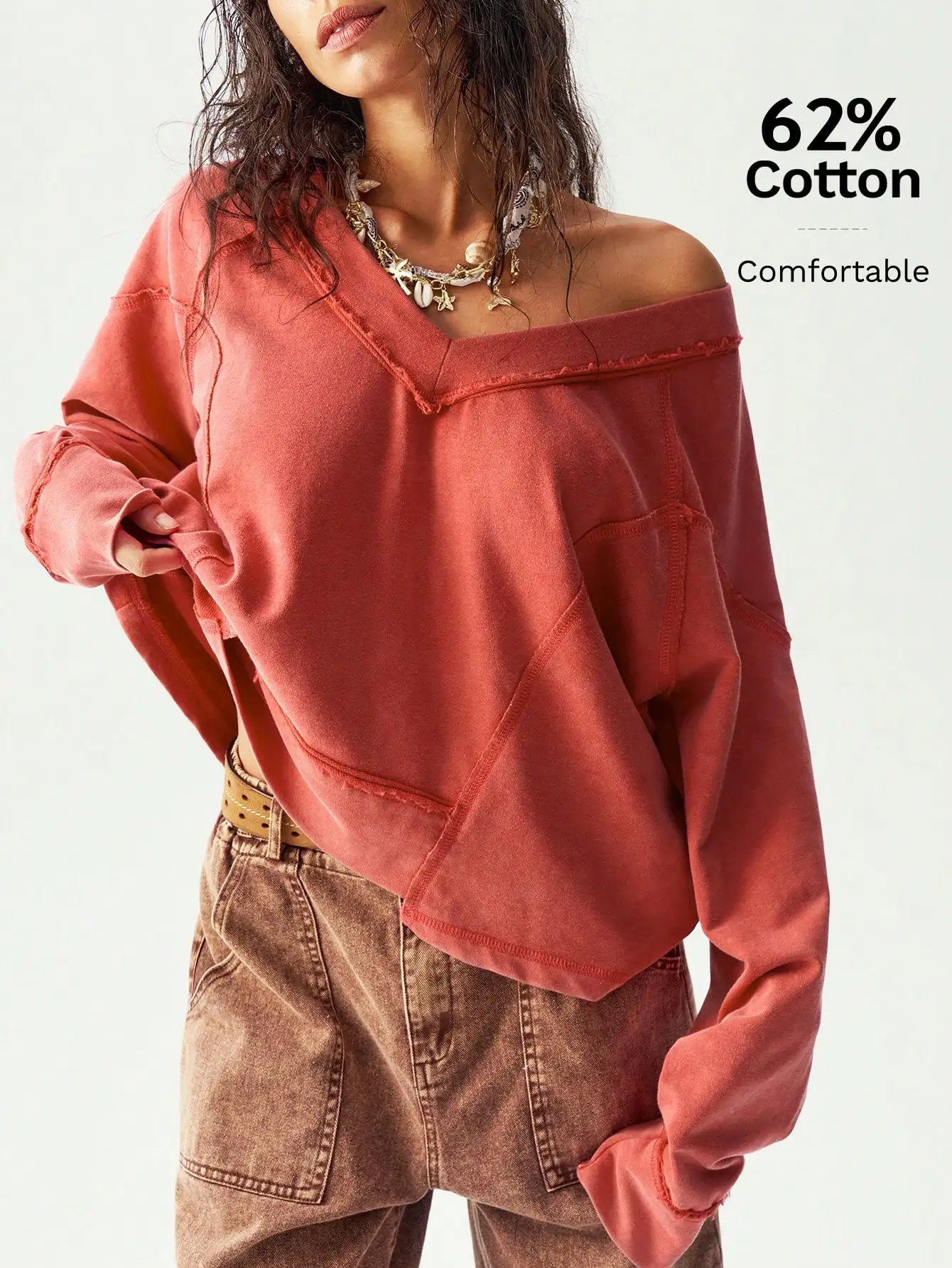 Damska bluza z odkrytymi ramionami, dekoltem w serek, długim rękawem, luźna, 62% bawełna, jesienno-zimowa, codzienna bluzka