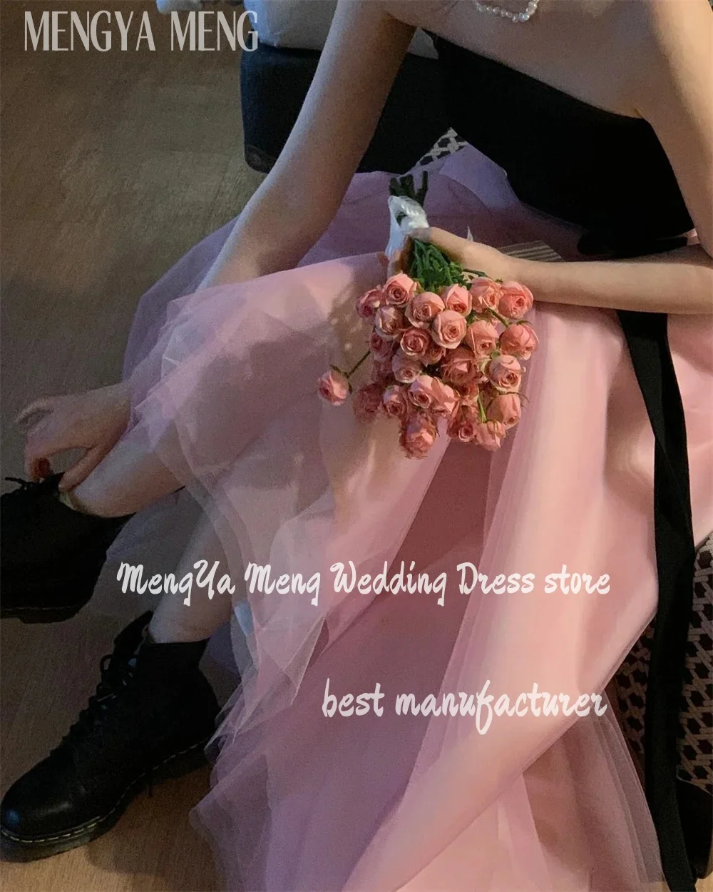 Simple Black And Pink Korea Evening Party Dresses A Line Strapless Wedding Photos Shoot Sleeveless Backless Corset Prom Dress