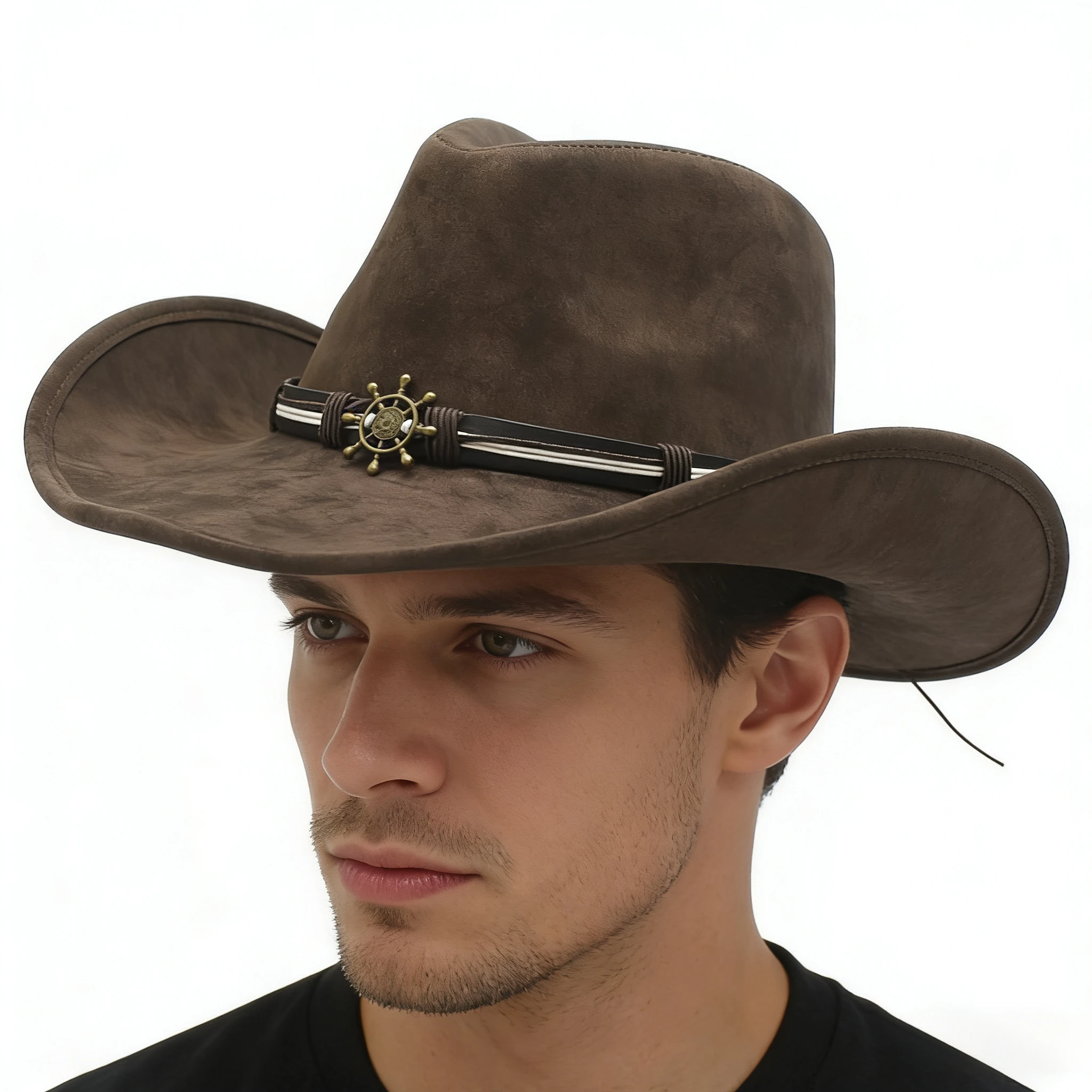 

Men's All-Season Retro Cowboy Hat - Daily Wear Polyester Hat (57-58cm) with Faux Leather Texture, Foldable Brim Metal Accessorie
