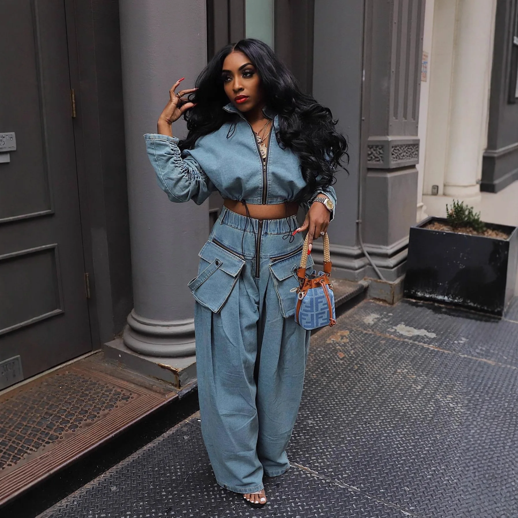 

fashion retro women's casual wide leg loose heavy duty denim two-piece set for women two piece set women sexy club zevity