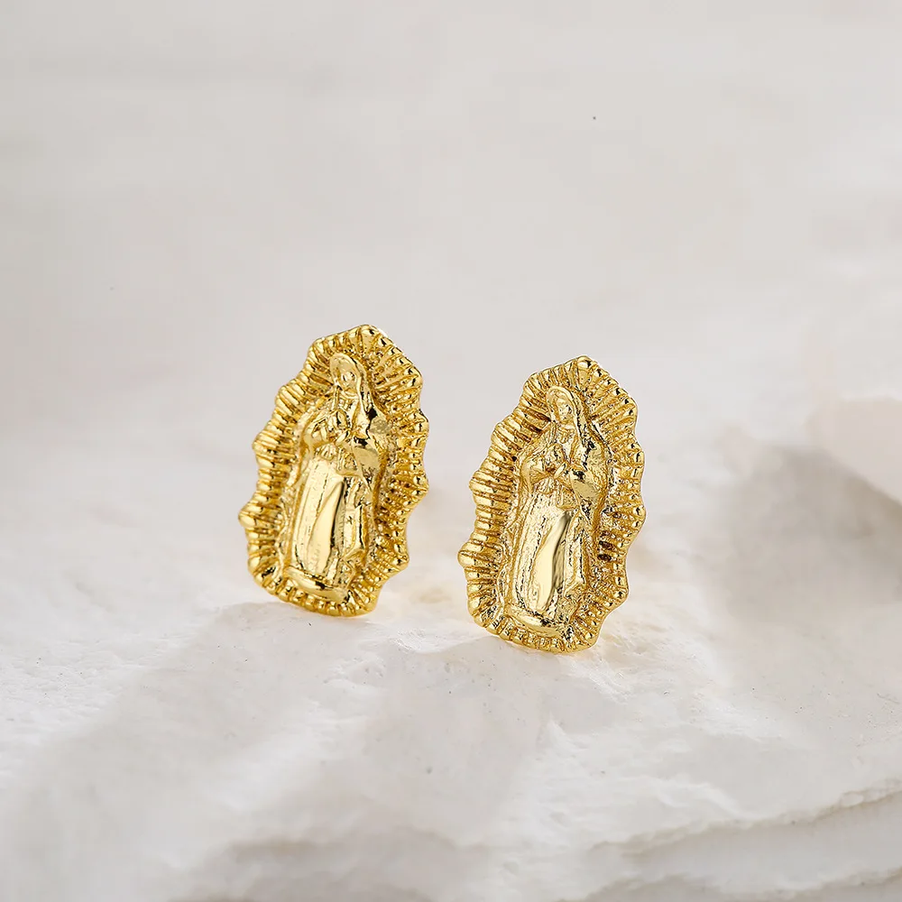 Gold Color Virgin Mary Stud Earrings For Women, High Quality Stainless Steel Earrings With CZ Stone,Elegant Jewelry Gift