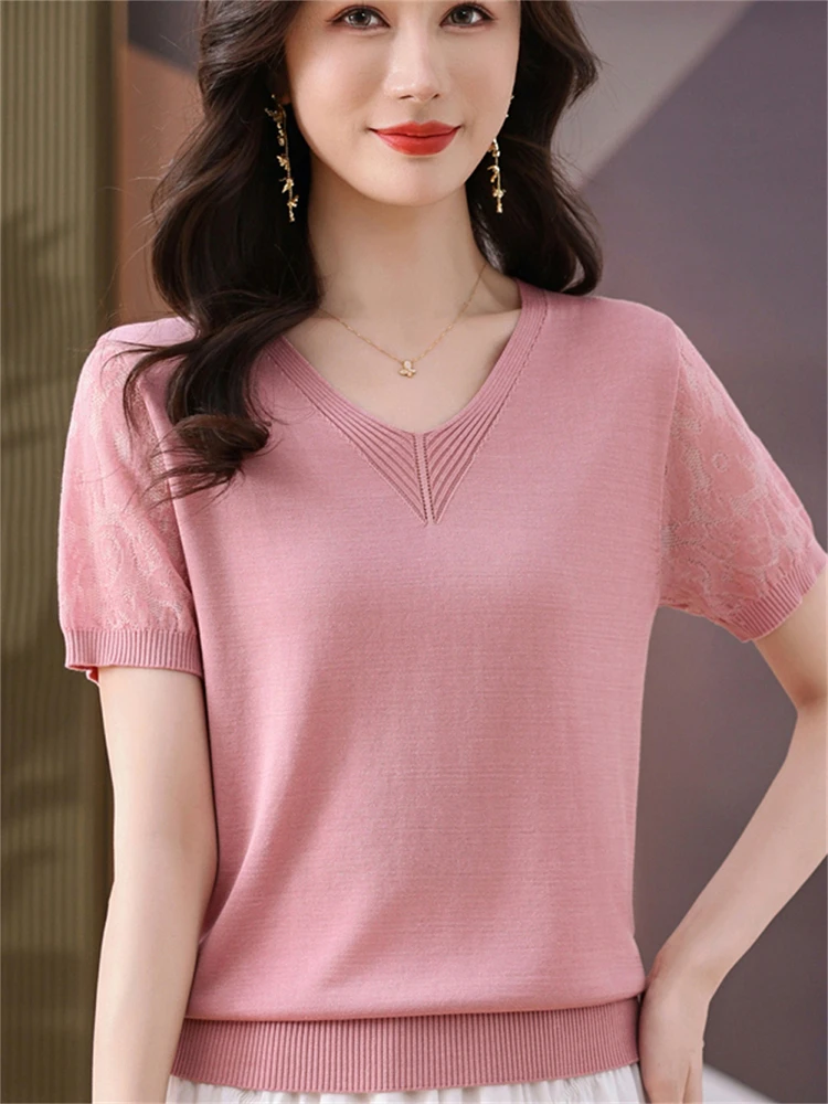 

Летний новый трикотажный топ с V-образным вырезом, однотонный, универсальный, для мам, легкий, модный, свободного кроя...