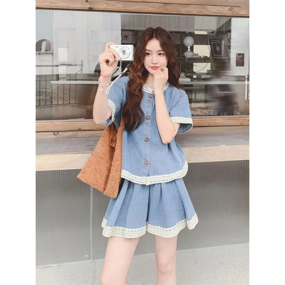 

Women's Korean Summer Lace Denim Short Sleeve Tops Mini Skirts Two Piece Set Lady Fashion Jeans Outfits Causal Clothing Female