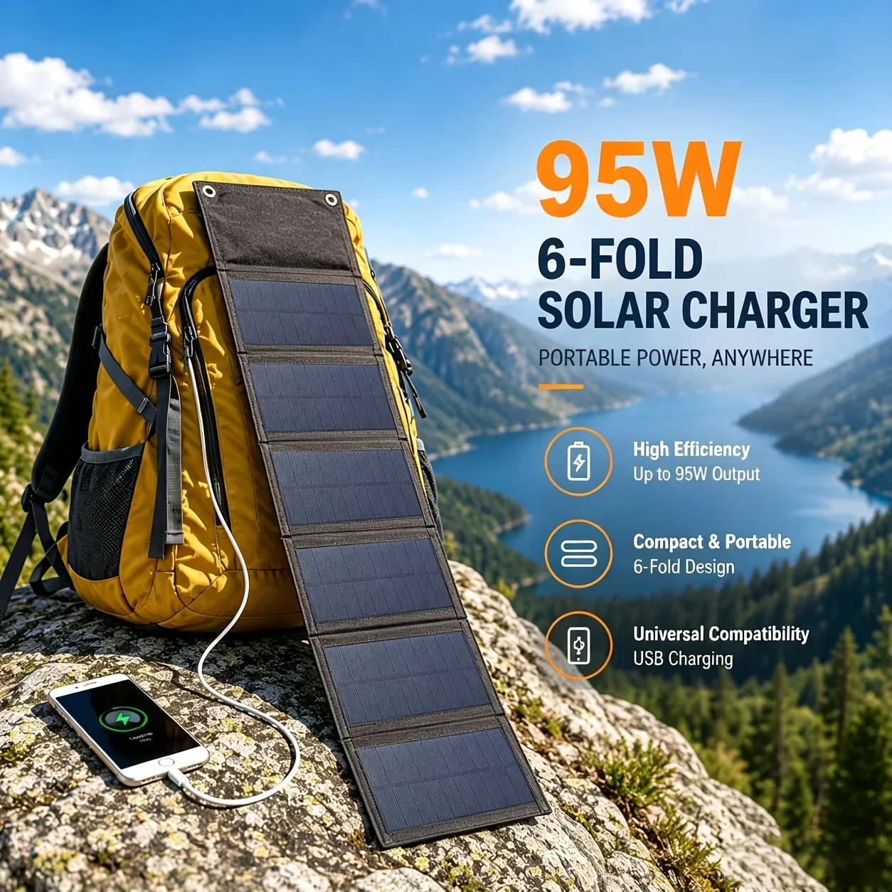 6 Folding Solar Panels 95W, Convenient Solar Charging, lightweight Design of Camping equipment, Solar Mobile Power Supply