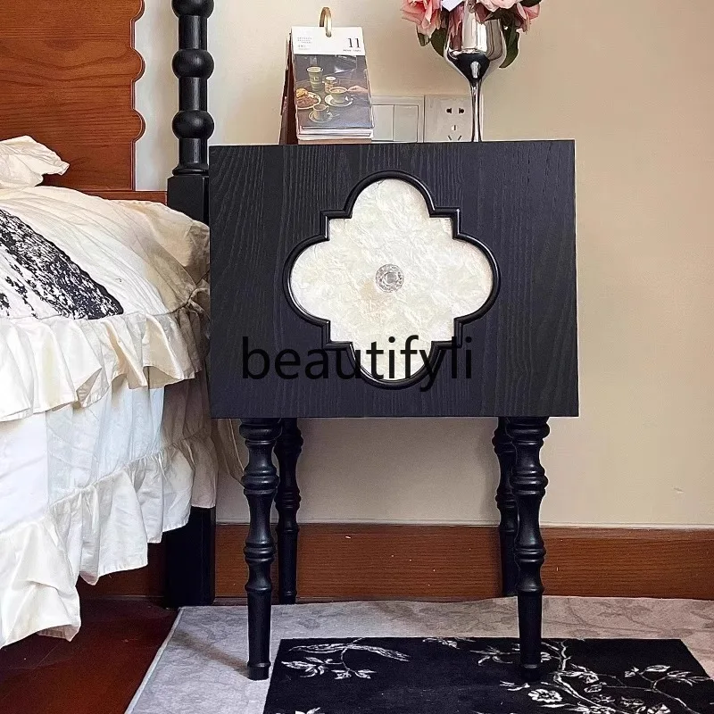 

French retro black ash wood, bedside table, Roman column, high-footed storage cabinet, storage side cabinet