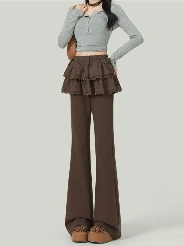 High Waist Casual Pants Women's Spring Autumn Slimming Tassel Bell Bottoms Ballet Style Fake Two-Piece Loose Fit Trousers