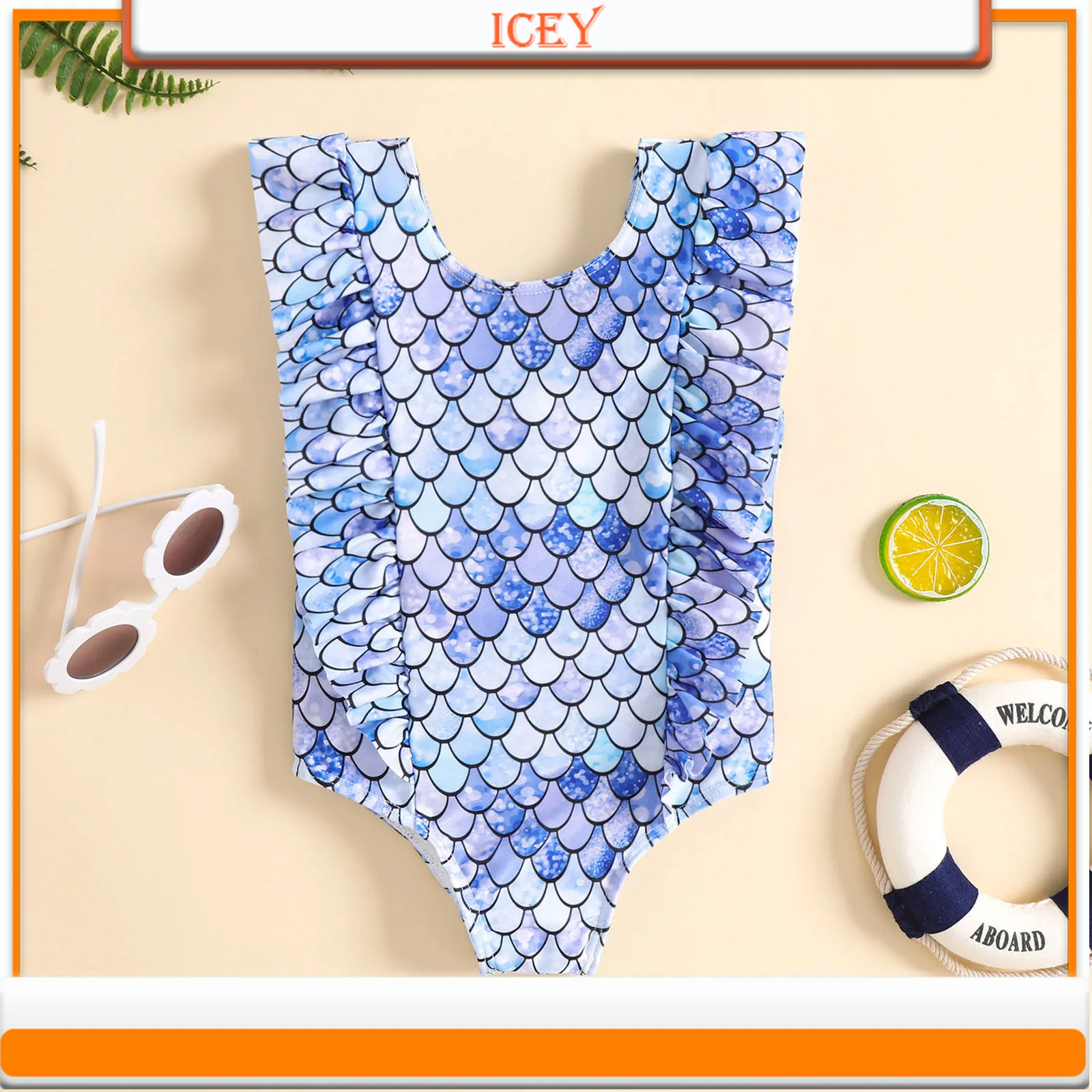 Mermaid Print Ruffle Girl One-piece Baby Girl Hot Spring Beach Swimsuit Swim Children One-Piece Suits