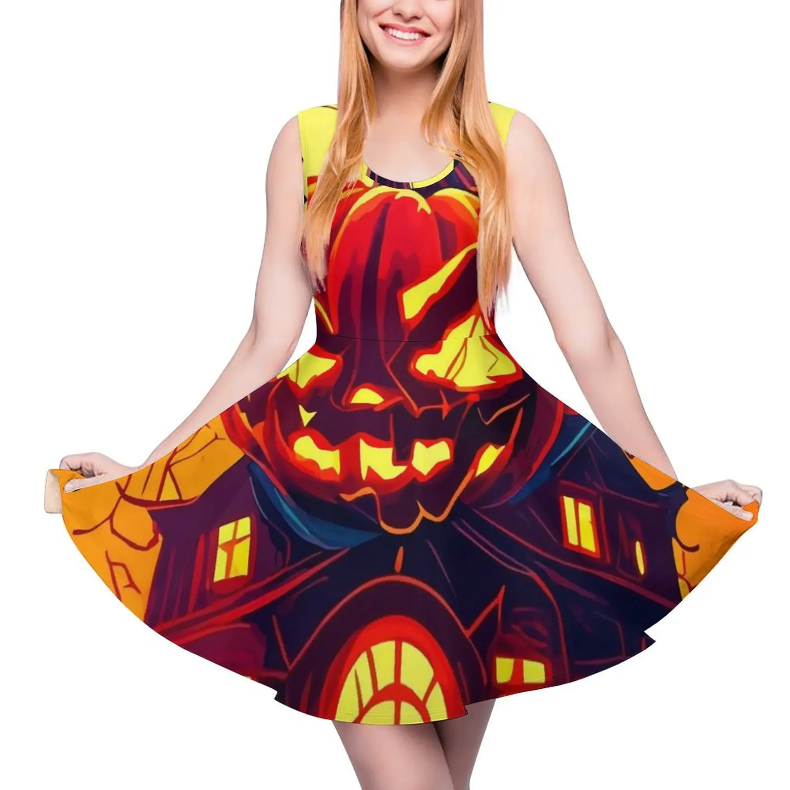 

Bats And Pumpkins Dress Halloween Night Street Fashion Dresses Female Boho Skate Dress Summer Printed Vestido 3XL 4XL 5XL