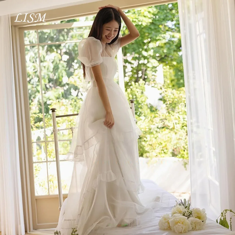 LISM Customized Puff Sleeves Korean Wedding Dresses Silk Organza Ruffled A Line Bridal Party Gown A Line Photo Shoot Gown 2026