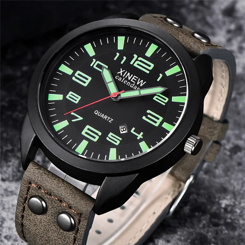 Men Genuine XINEW Brand Cheap Watches Erkek Barato Saat Fashion Leather Band Army Sports Date Quartz Vintage Watch Reloj Hombre