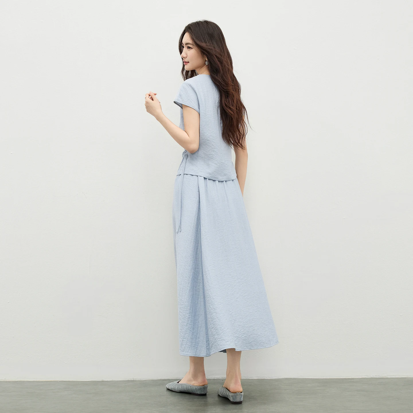SENTUBILA Elegant Office Suit Women Crew Neck Color Contrast Button Ruched Drawstring Top Elastic Waist A-Line Skirt 162ZK4726