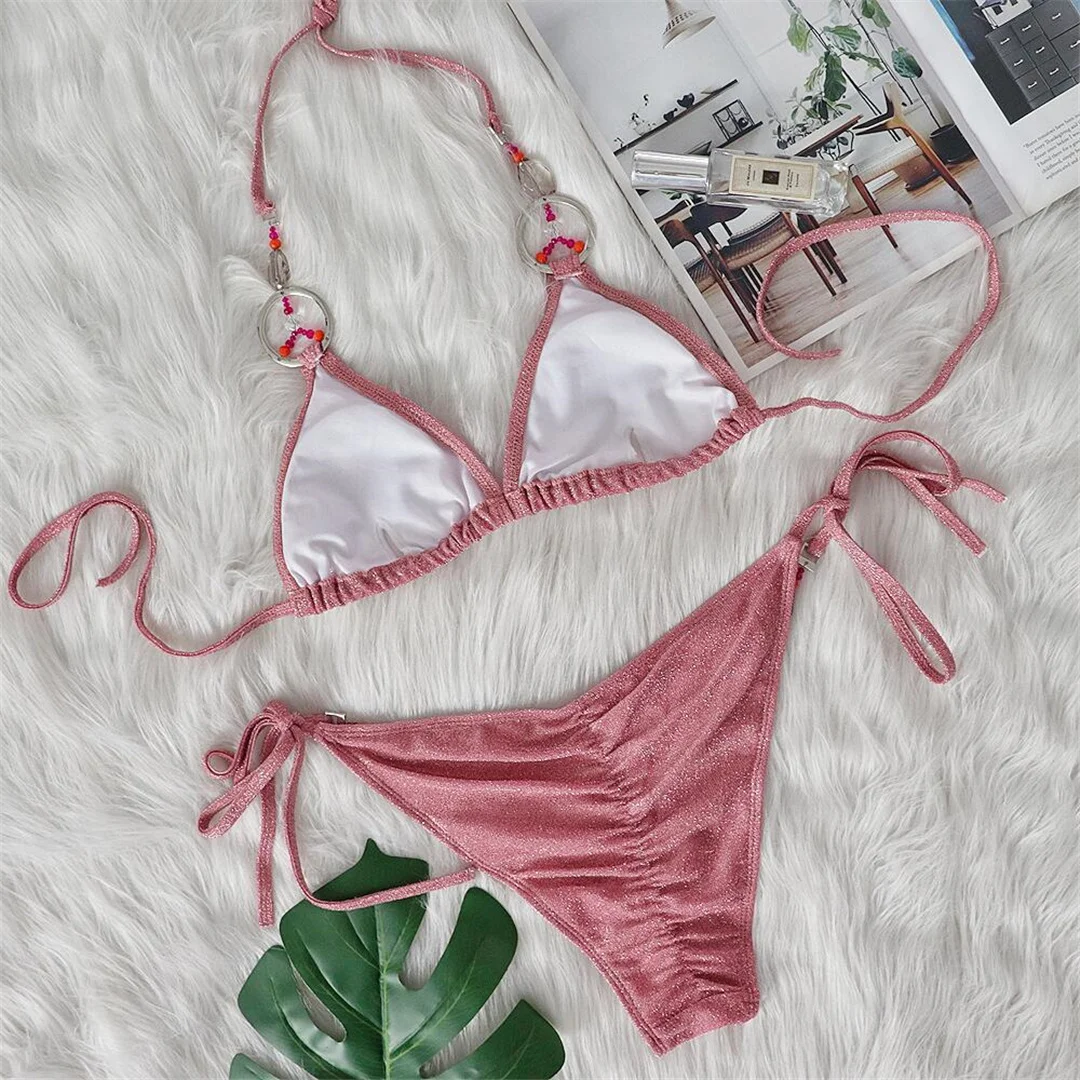 Glitzernder, funkelnder Bikini mit Scrunch-Effekt für Damen, zweiteiliger Badeanzug, Badebekleidung, Badeanzug, Schwimmbikini V4015 – Detail 22