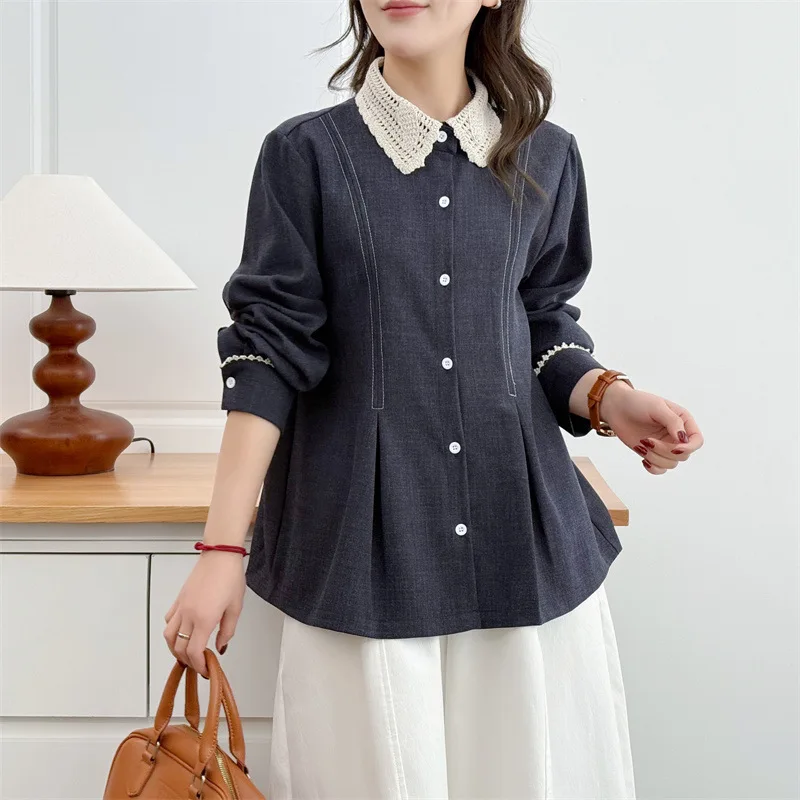 XXXXL Mode Übergrößen Damenbekleidung Blusen 2026 Frühling und Herbst Spitzenkragen Taillierte Langarm-Bluse 353