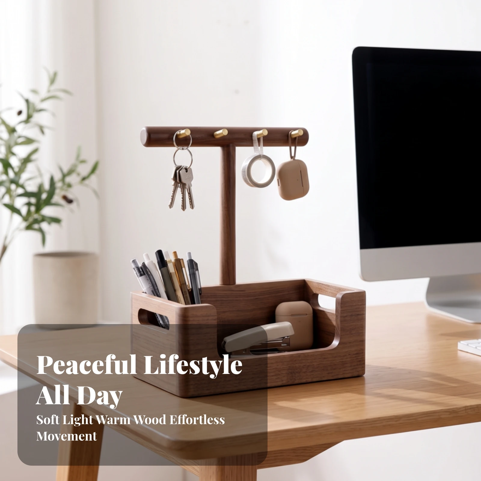 Tabletop Organizer with Hanging Rack Compact Wood Storage Organizer Necklace Holder with Hooks Tangle-Tangle-Proof for Vanity