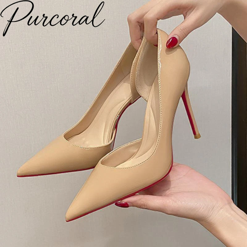 Purcoral 2026 Women Nude Pointed Toe High Heel Pumps Red Bottom Thin Stiletto Heels Party Ladies Heeled Sh