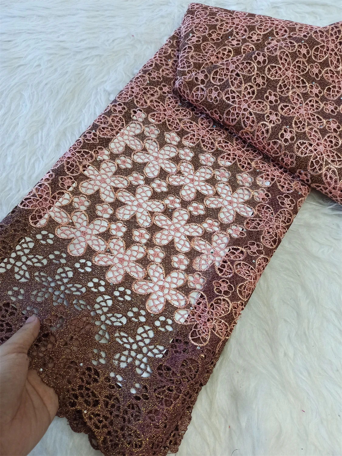 

African Guipure Cord Lace Fabric With Bicolor Stones Pinholes Design French Water Soluble Lace Fabric for Women Wedding Dresses