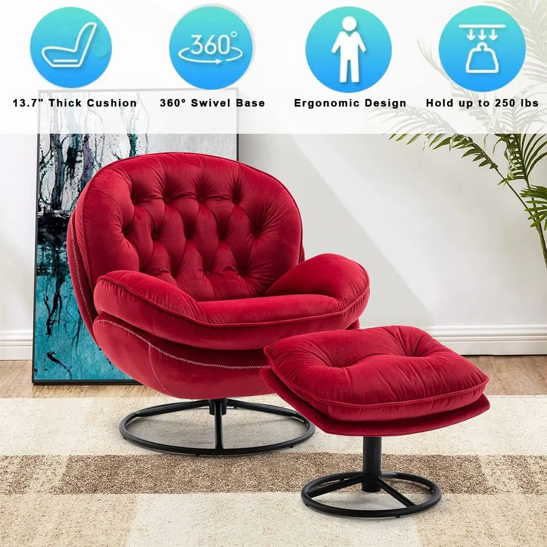 Velvet Swivel Accent Chair with Ottoman Set, Modern Lounge Chair with Footrest Comfy Armchair 360 Degree Swiveling