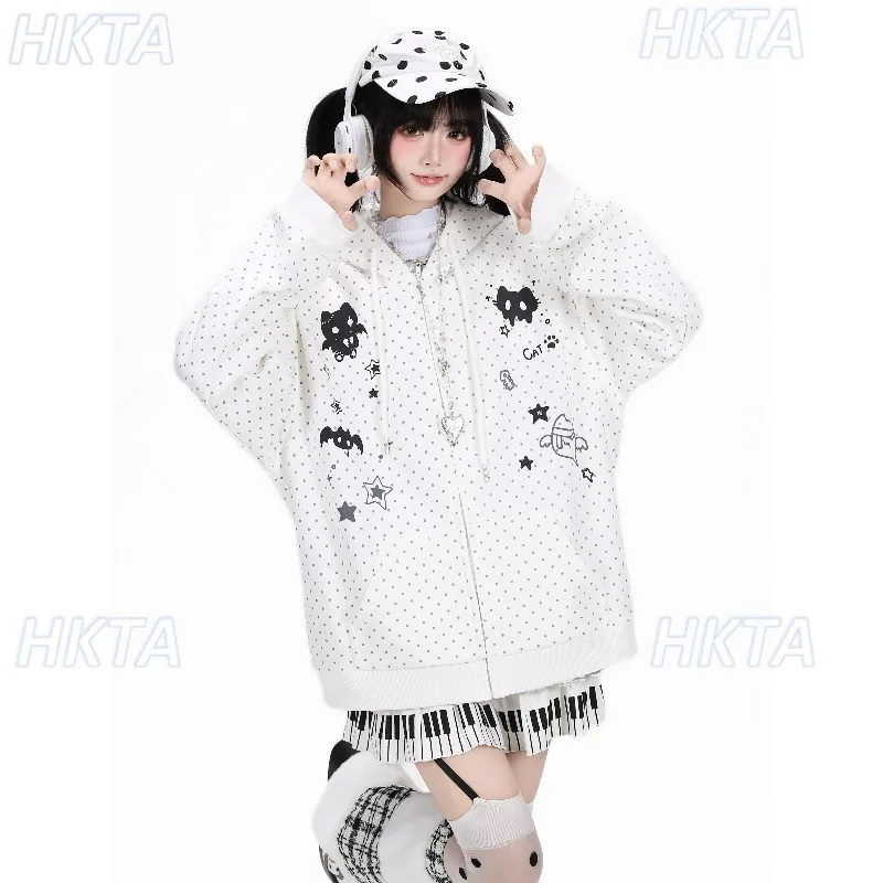 Sweet Cool Polka Dot Loose Casual Versatile Knitted Jacket Hooded Sweathirt Cute Cartoon Print Kangaroo Pocket Hoodie Coat Women
