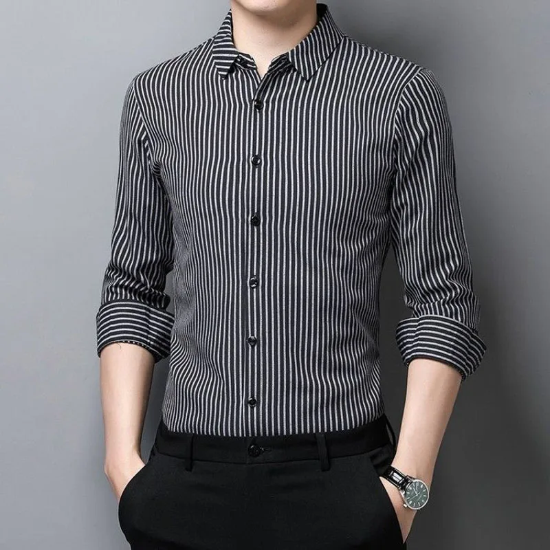 Business Office Fashion Men's Striped Printed Button Shirt Classic Casual Short Sleeve Polo-Neck T-shirt Summer Male Clothes
