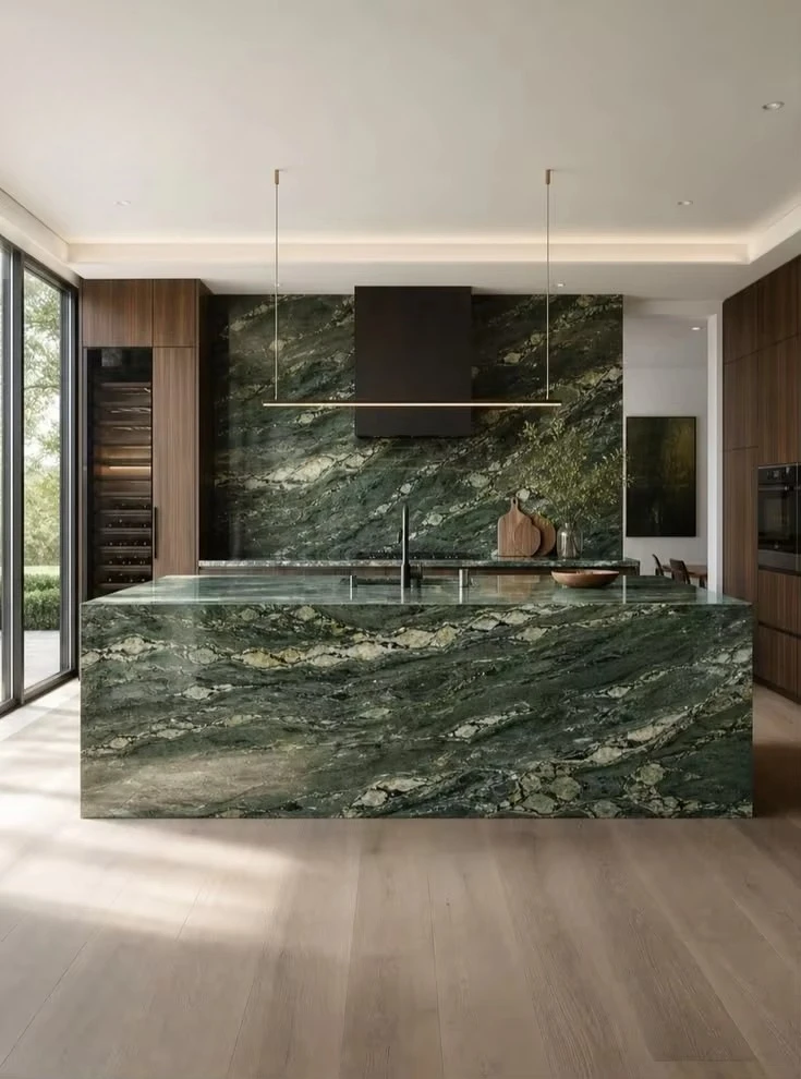 Elegant Italian Green Marble Kitchen Top Stain Resistant Leathered Finish Stone Island for Contemporary Mansion