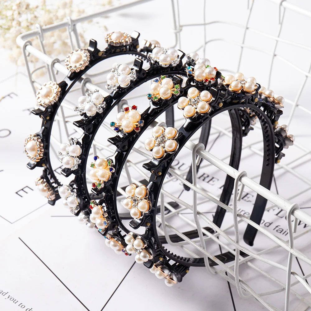 Pearl Flower Hairband Rhinestone Headband Women Hair Band Claw Hoop Double Layer Bangs Hairstyle Bezel Hairpin Hair Accessories