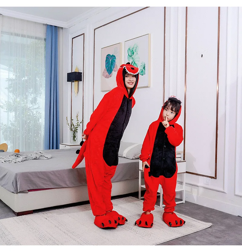 Kigurumi Animal Pajamas Unisex Adults Red Dinosaur Cartoon Onesies Pyjamas Halloween Christmas Family Party Homewear Costumes