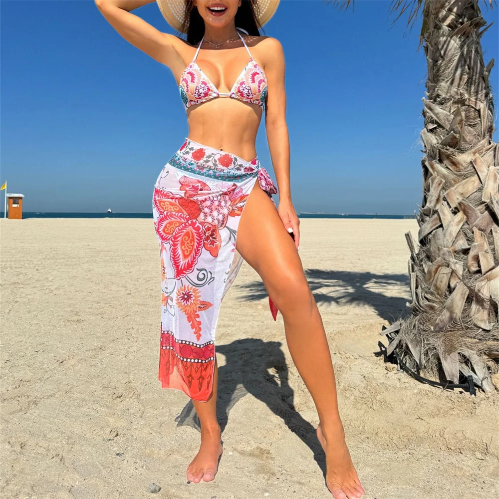 مثير طباعة الأزهار بيكيني شبكة ضمادة التستر الرجعية سلسلة الدانتيل متابعة ملابس السباحة عارية الذراعين النساء 3 قطعة الشاطئ مجموعة عطلة ملابس السباحة #1