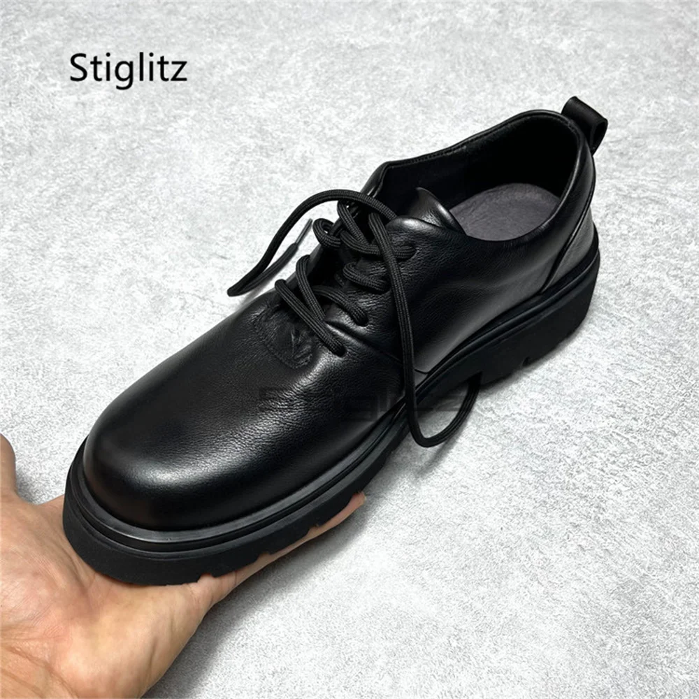 

Men's Genuine Leather Thick Soled Derby Shoes Black Round Toe Lace-Up Wear-Resistant Breathable Solid Handmade Casual Shoes