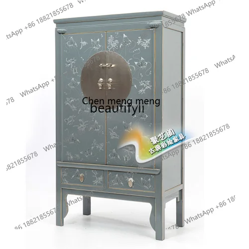 New Chinese solid wood hand-painted gold-painted butterfly wardrobe painted large wardrobe black locker