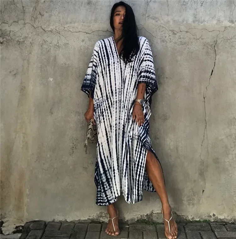 2022 New Boho Retro Striped Plus Size Women Swimsuit Cover Up Summer Outing Sexy Bikini Wrap Beach Dress Beachwear Kimono Pareo