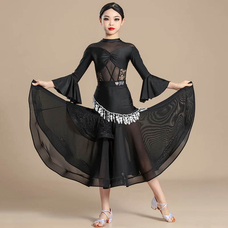 

2024 Ballroom Dance Performance Dress For Girls Black Trumpet Sleeved Swing Skirts Suit Kids Waltz Modern Dance Clothing DN17273