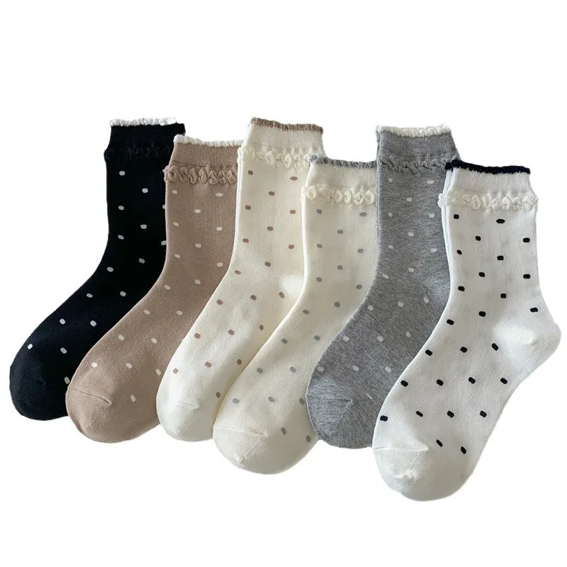 3/6 Pairs Women's Cute Polka Dot Middle Tube Socks Girls Sweet Ruffles Trim Sock Autumn Winter Versatile Comfortable Socks