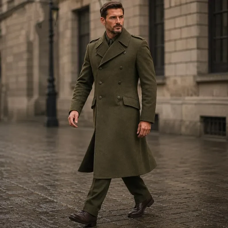 Vintage 1950s Swedish Military Wool Overcoat Olive Drab Army Greatcoat Men Double Breasted Outdoor Wearing Gentleman Customized