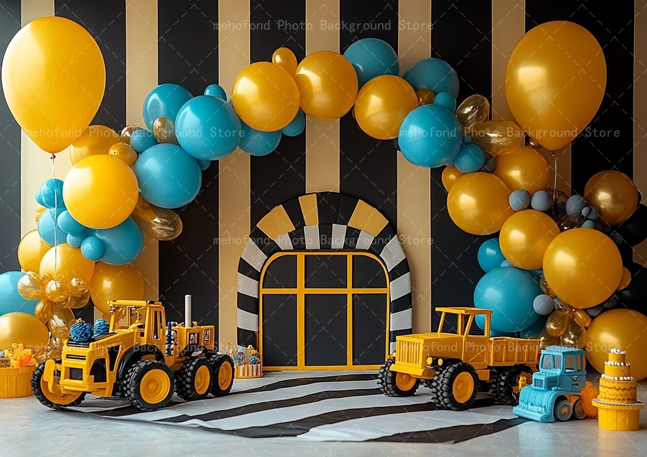 Mehofond Childlike Excavator Balloon Arch Photography Background Striped Wall Cake Smash Kids Birthday Portrait Backdrop Decor