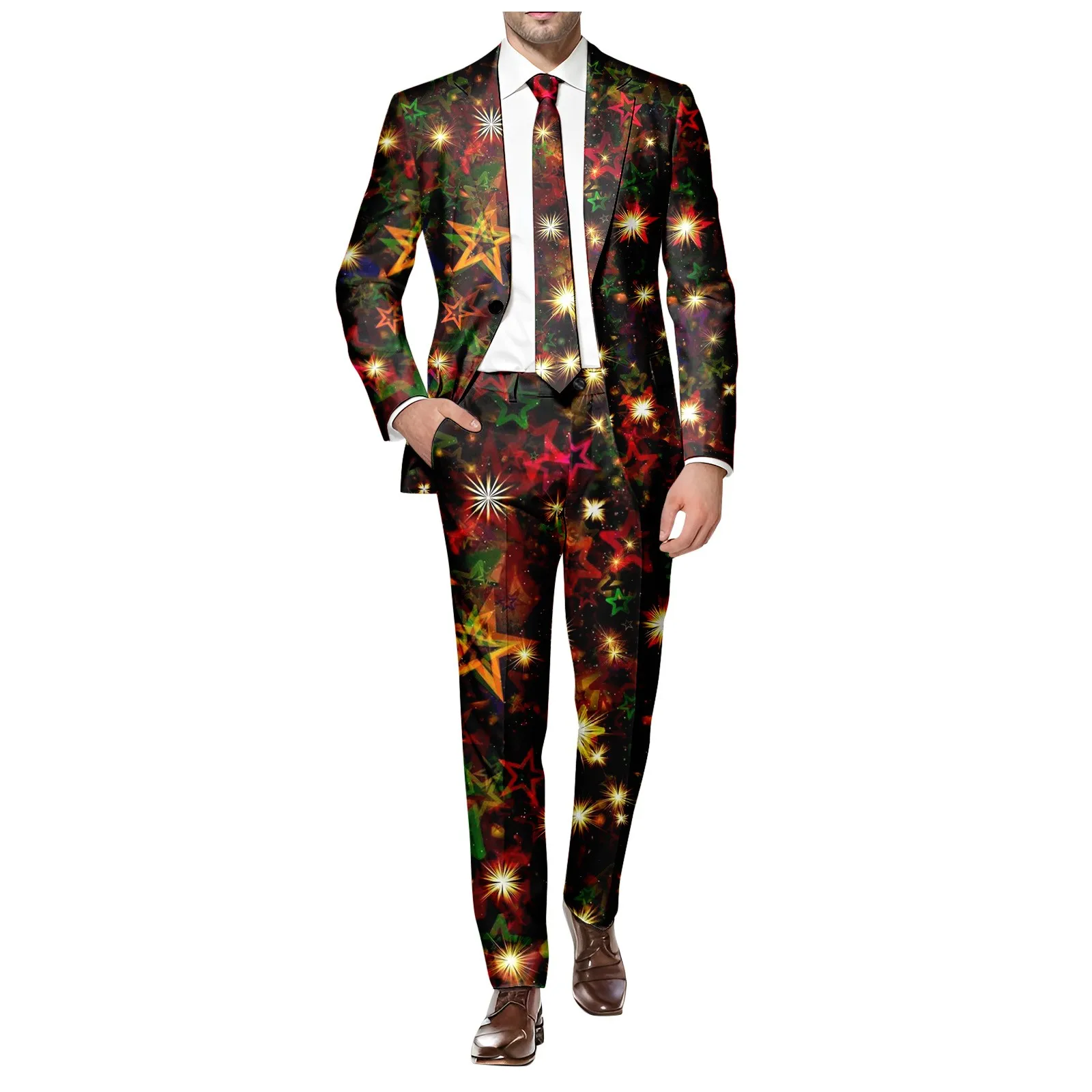 Christmas Star Printed One Button Suit and Trousers Men Casual Slim Fit Trendy Comfortable Business Two Piece Pants Suit