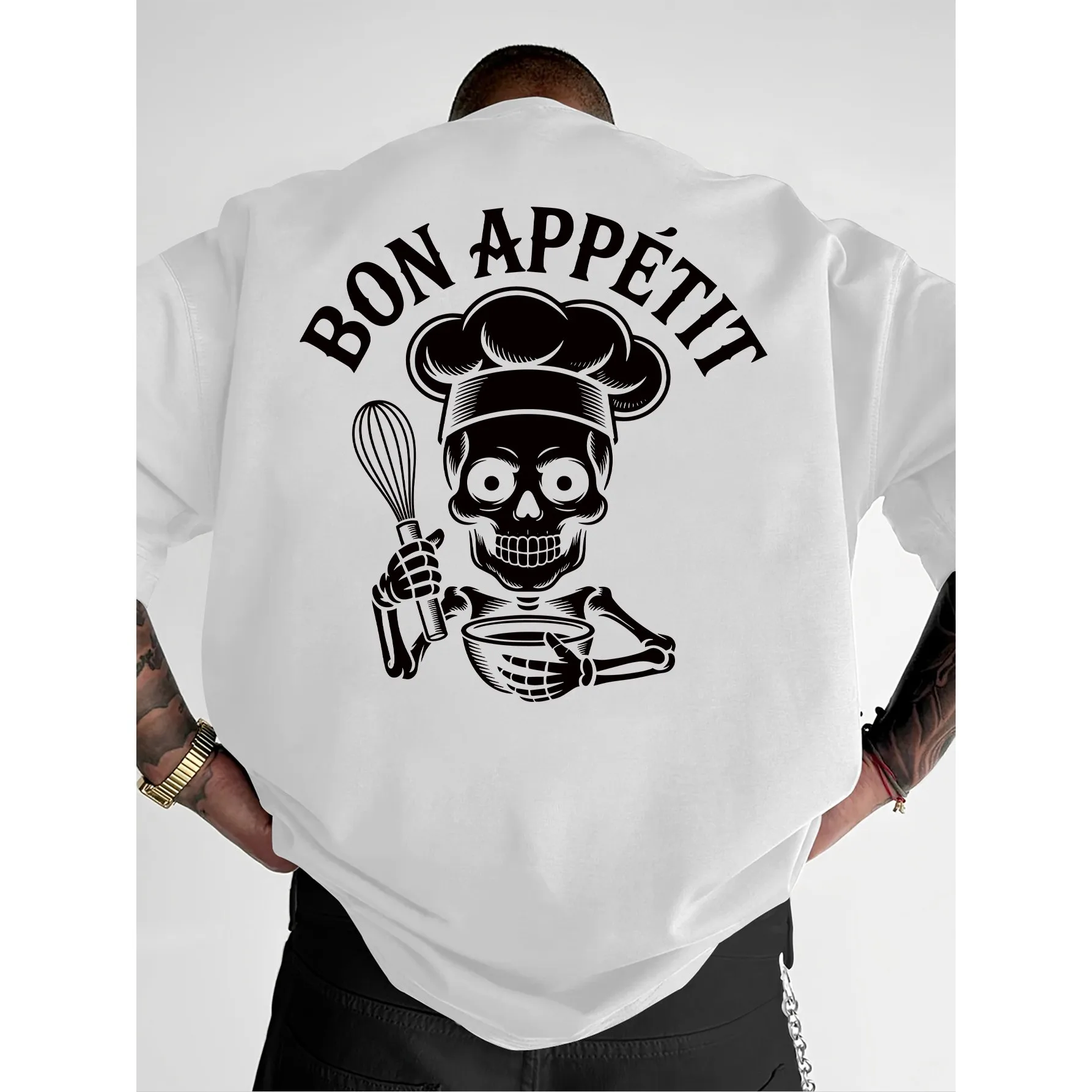 Skeleton Chef Bon Appetit Graphic Tee for Men Casual Round Neck Cotton T-Shirt
