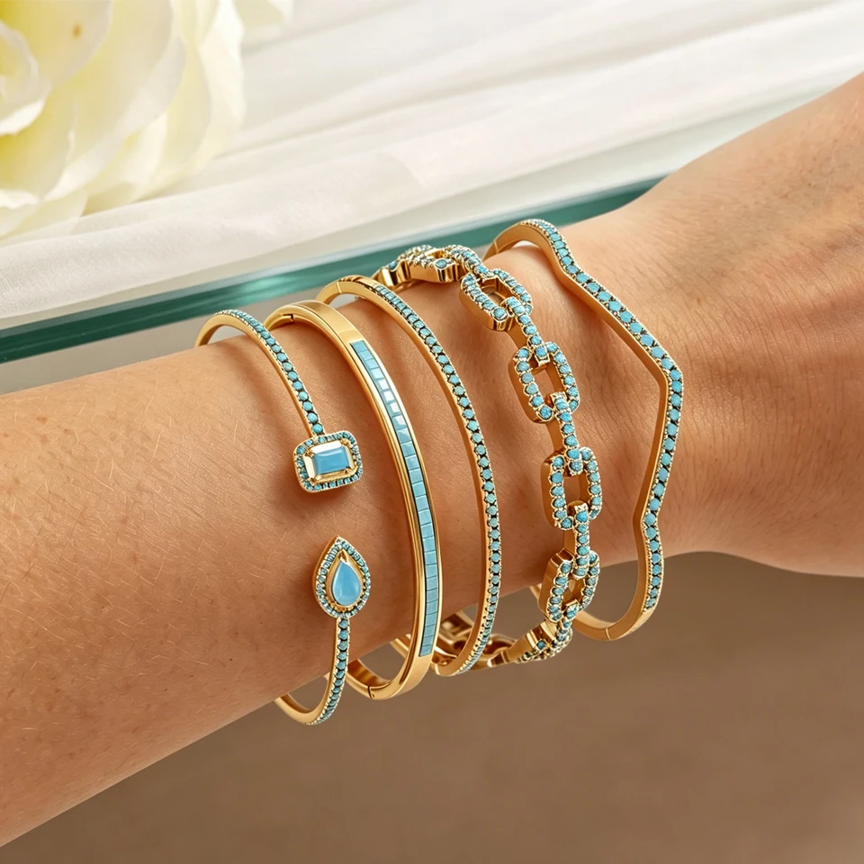 ZAKOL 5pcs Niche Design Blue Turquoise Zircon Stackable Bracelets for Women Exquisite Elegant Wedding Party Jewelry Gifts