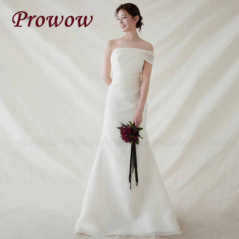 

Prowow Elegant Off Shoulder Mermaid Korea Wedding Dress Customized Draped Silk Organza Bridal Gown Photos Shoot Corset Back