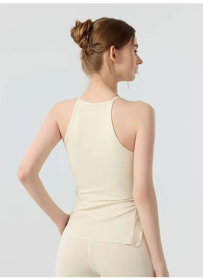 Damen Yoga-Top ohne Ärmel mit Schlitzen und Brustpolstern für Fitness, Gym und Pilates, Sommer-Sportbekleidung – Detail 9
