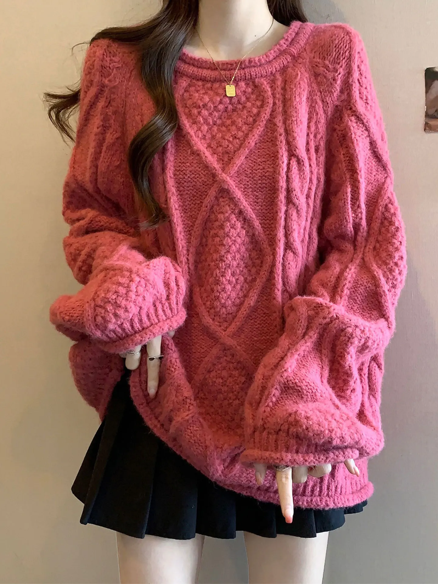 

Свободный розовый свитер Lazy Sle Long Sve, женский осенне-зимний свитер больших размеров, толстый мм, утягивающий вязаный топ средней длины