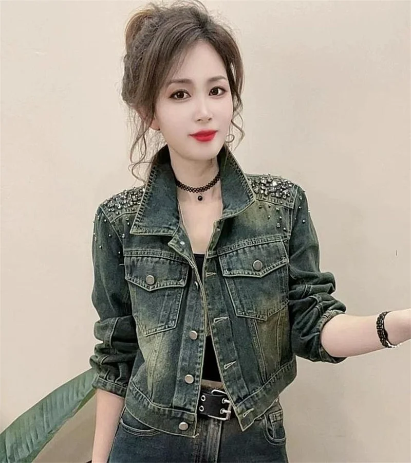 

Short Cowgirl Coat Diamond-Encrusted 2025 Women New Denim Jackets Outwear Fashion Spring Autumn Zipper Denim Jacket Female