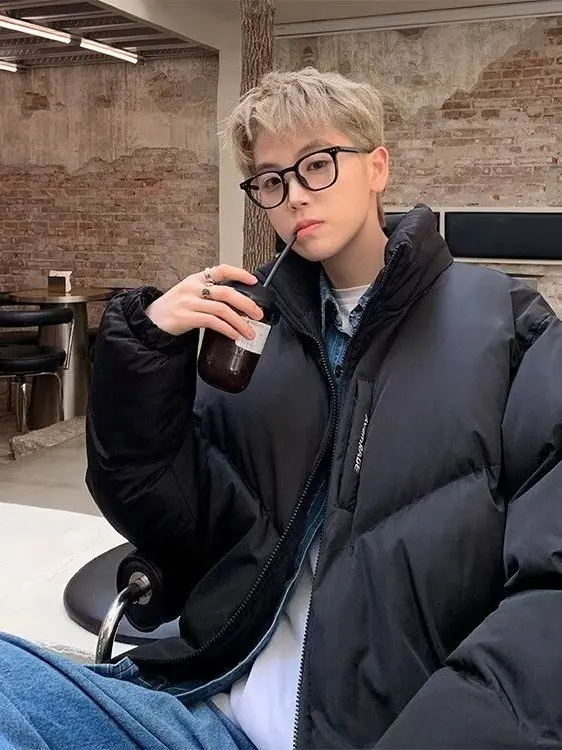 

American Sle Thiened Bread Coat Men's Winter Warm Cotton Jaet Stand Collar Loose Fit Youth Faion Casual Long Sve