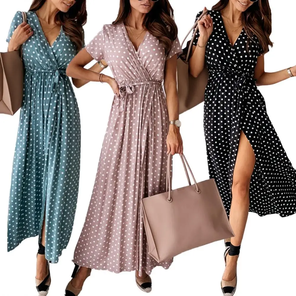 Fashion Women Dots Print Dress V Neck Short Sleeve Belt Front Slitting Hem Long Dress