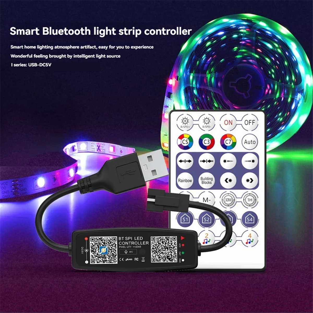 AT53 WS2812B 컨트롤러 원격 제어 블루투스 음악 APP 제어 픽셀 LED 스트립 조명 SK6812 WS2811 WS2812 USB 5V