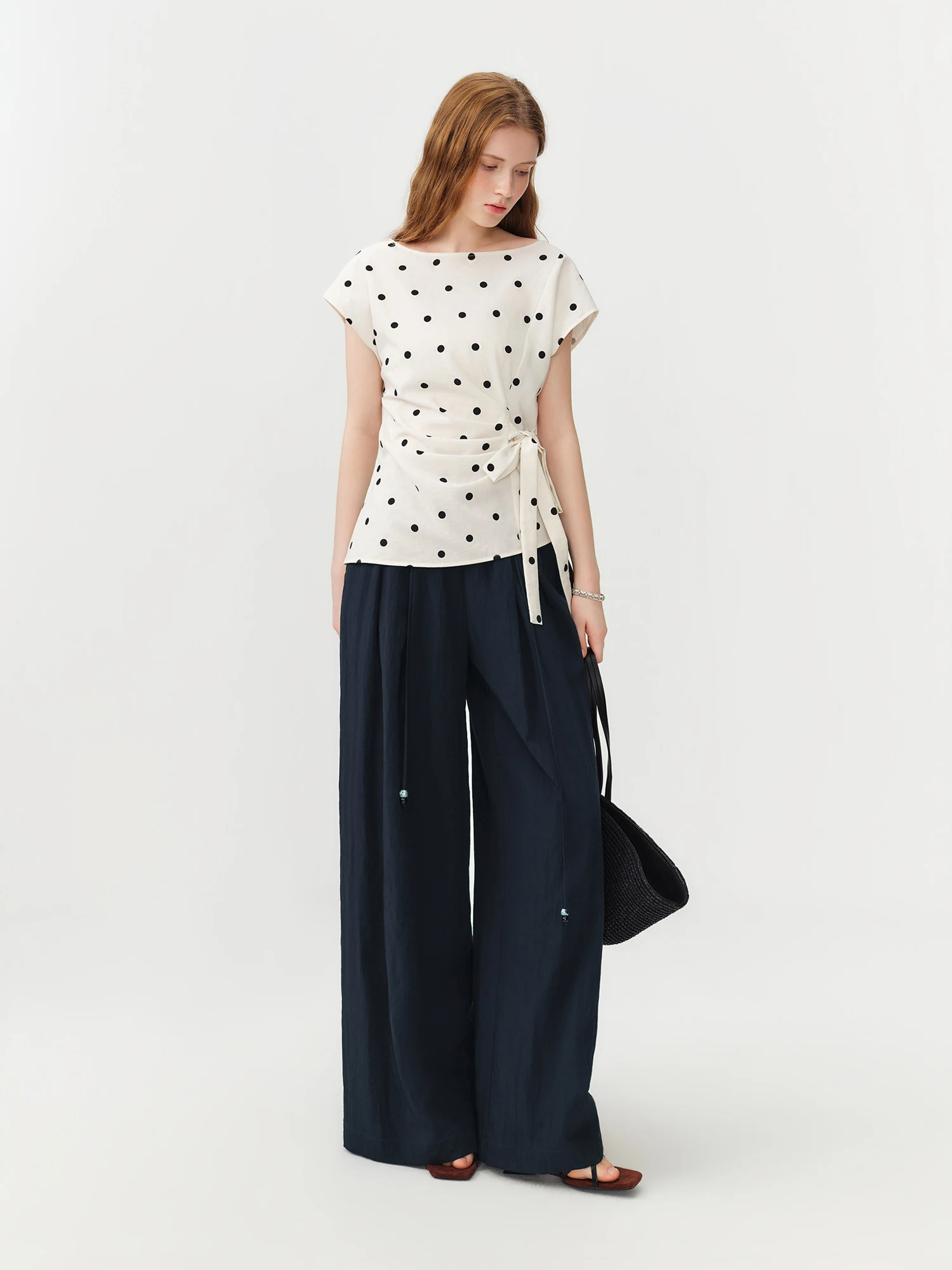 FSLE 2026 Summer Women‘s Slash Neck Tie-Waist Polka Dot Short Sleeves Blouse Front-Knot Shirt French Office Chic Coquette Style view 3