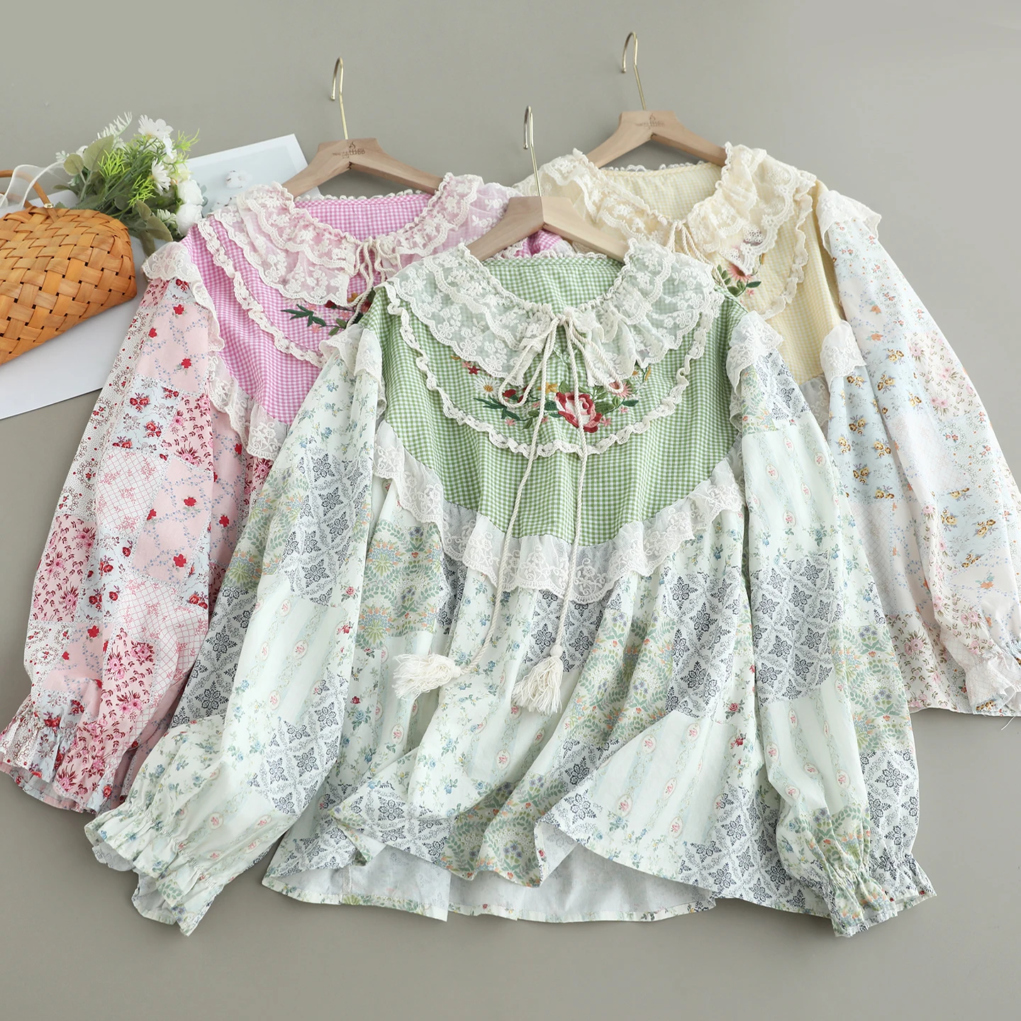 

Japanese Sweet Mori Girl Vintage Plaid Lace Embroidery Floral Print Patchwork Cotton Shirts Women Long Sleeve Casual Blouse Tops